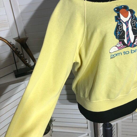 Vintage 90s Born to Be Wild Penguin Sweatshirt Yellow Medium - Picture 5 of 8